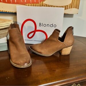 Blondo Neda Waterproof Leather Ankle Booties Cognac Nubuck Women 9 Block Heel